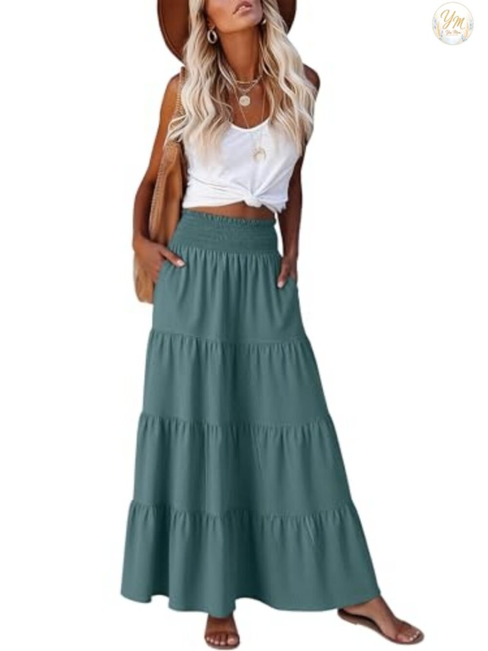 Women's Maxi Skirt Elastic High Waist A-Line Tiered Boho Long Flowy Summer